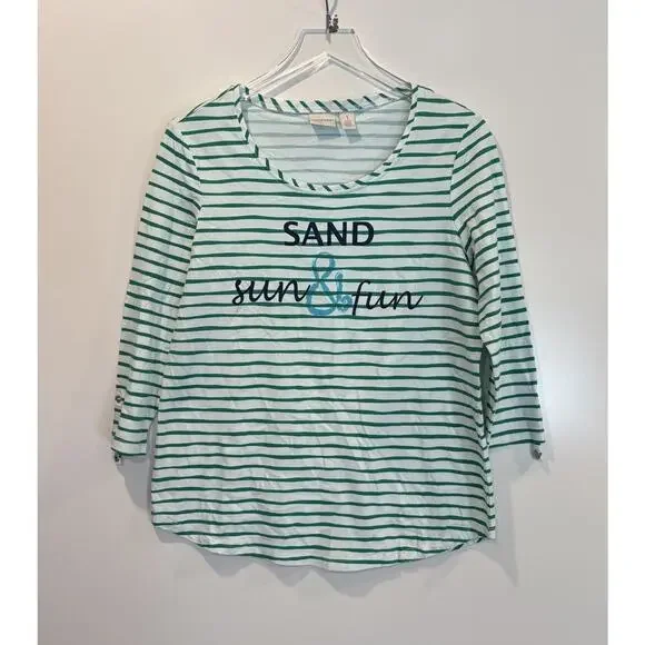 Chico’s Zenergy Sand Sun & Fun Green White‎ Stripe Shirt Top Womens Small (504) - Picture 4 of 7